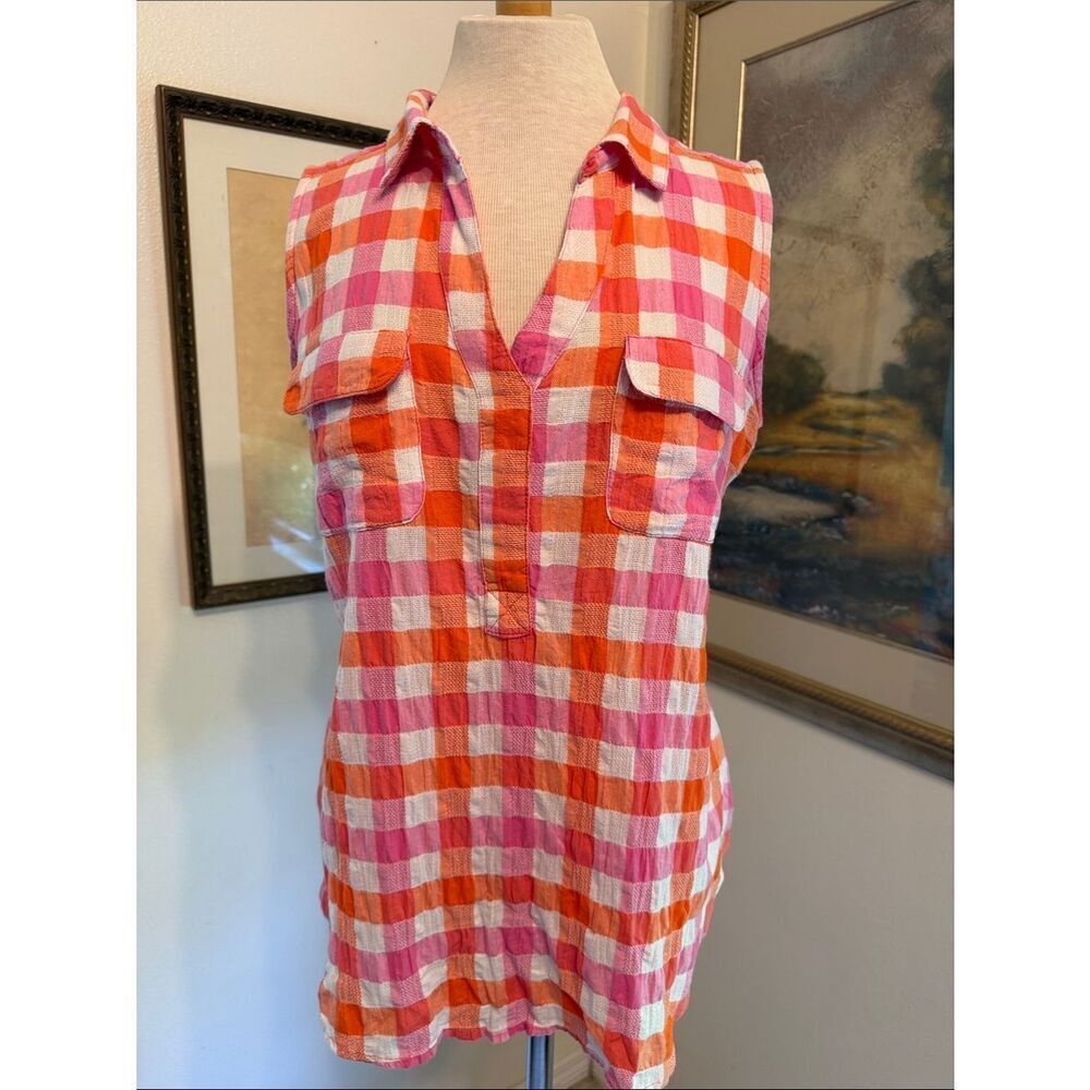 Life Style Sleeveless Pink & Orange Gingham Tunic Top Size Large